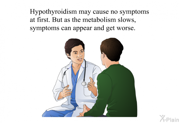 Hypothyroidism may cause no symptoms at first. But as the metabolism slows, symptoms can appear and get worse.