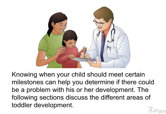 Knowing when your child should meet certain milestones can help you determine if there could be a problem with his or her development. The following sections discuss the different areas of toddler development.