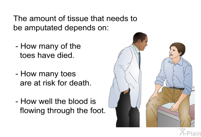 The amount of tissue that needs to be amputated depends on:  How many of the toes have died. How many toes are at risk for death. How well the blood is flowing through the foot.
