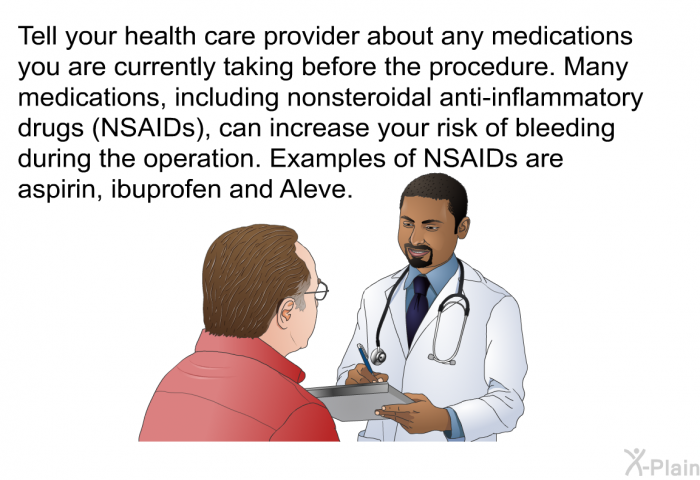 Tell your health care provider about any medications you are currently taking before the procedure. Many medications, including nonsteroidal anti-inflammatory drugs (NSAIDs), can increase your risk of bleeding during the operation. Examples of NSAIDs are aspirin, ibuprofen and Aleve.