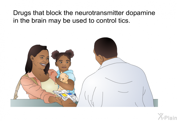 Drugs that block the neurotransmitter dopamine in the brain may be used to control tics.
