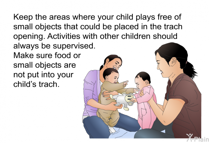 Keep the areas where your child plays free of small objects that could be placed in the trach opening. Activities with other children should always be supervised. Make sure food or small objects are not put into your child's trach.