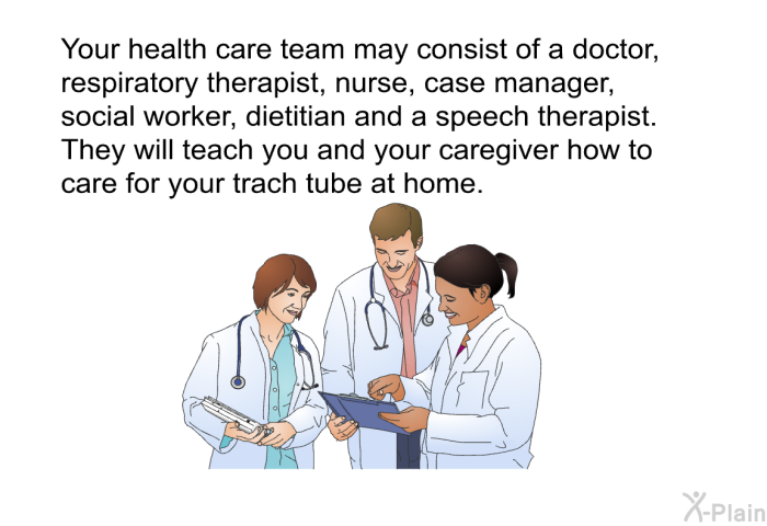 Your health care team may consist of a doctor, respiratory therapist, nurse, case manager, social worker, dietitian and a speech therapist. They will teach you and your caregiver how to care for your trach tube at home.