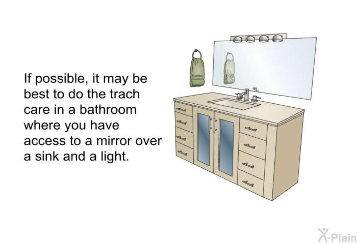 If possible, it may be best to do the trach care in a bathroom where you have access to a mirror over a sink and a light.