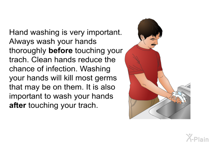 Hand washing is very important. Always wash your hands thoroughly <B>before</B> touching your trach. Clean hands reduce the chance of infection. Washing your hands will kill most germs that may be on them. It is also important to wash your hands <B>after</B> touching your trach.