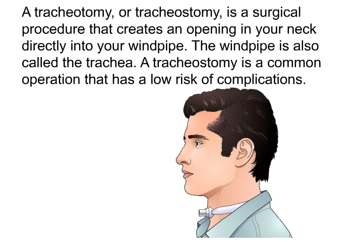 A tracheotomy, or tracheostomy, is a surgical procedure that creates an opening in your neck directly into your windpipe. The windpipe is also called the trachea. A tracheostomy is a common operation that has a low risk of complications.