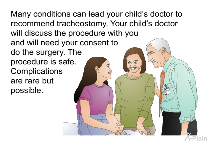 Many conditions can lead your child's doctor to recommend tracheostomy. Your child's doctor will discuss the procedure with you and will need your consent to do the surgery. The procedure is safe. Complications are rare but possible.