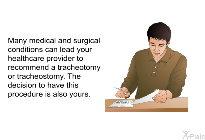 Many medical and surgical conditions can lead your healthcare provider to recommend a tracheotomy or tracheostomy. The decision to have this procedure is also yours.