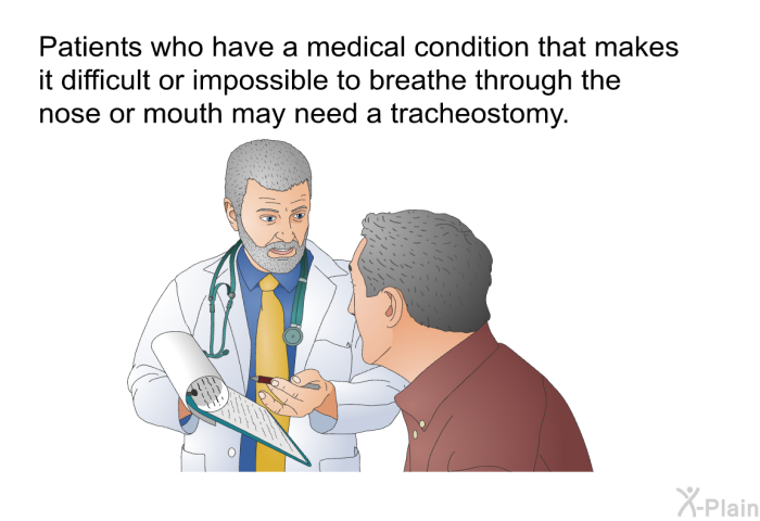 Patients who have a medical condition that makes it difficult or impossible to breathe through the nose or mouth may need a tracheostomy.