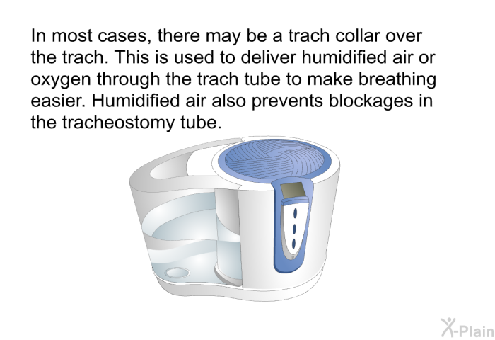 In most cases, there may be a trach collar over the trach. This is used to deliver humidified air or oxygen through the trach tube to make breathing easier. Humidified air also prevents blockages in the tracheostomy tube.