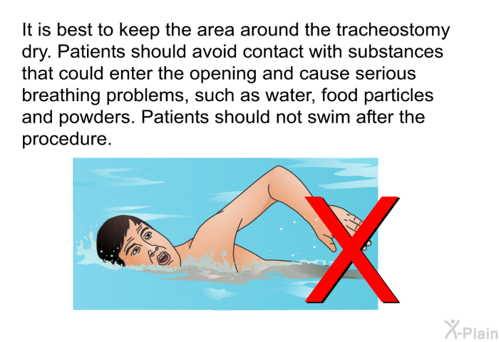 It is best to keep the area around the tracheostomy dry. Patients should avoid contact with substances that could enter the opening and cause serious breathing problems, such as water, food particles and powders. Patients should not swim after the procedure.