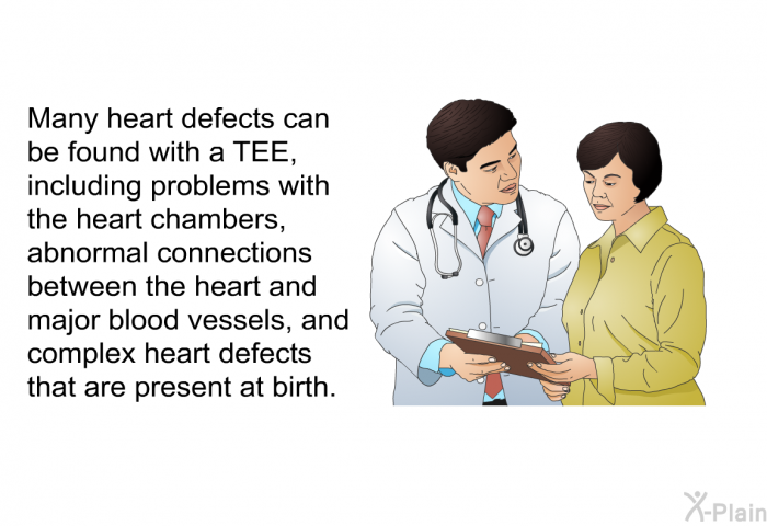 Many heart defects can be found with a TEE, including problems with the heart chambers, abnormal connections between the heart and major blood vessels, and complex heart defects that are present at birth.