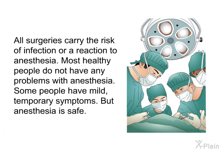All surgeries carry the risk of infection or a reaction to anesthesia. Most healthy people do not have any problems with anesthesia. Some people have mild, temporary symptoms. But anesthesia is safe.