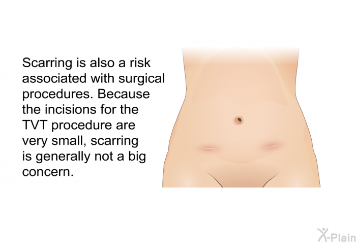Scarring is also a risk associated with surgical procedures. Because the incisions for the TVT procedure are very small, scarring is generally not a big concern.