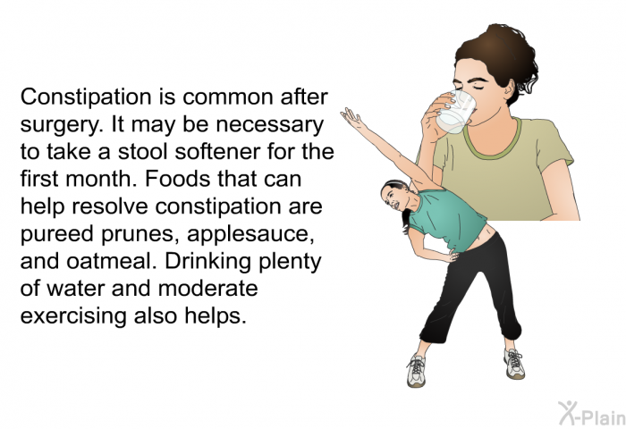 Constipation is common after surgery. It may be necessary to take a stool softener for the first month. Foods that can help resolve constipation are pureed prunes, applesauce, and oatmeal. Drinking plenty of water and moderate exercising also helps.