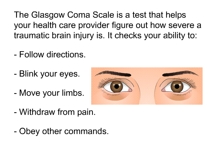 The Glasgow Coma Scale is a test that helps your health care provider figure out how severe a traumatic brain injury is. It checks your ability to:  Follow directions.   Blink your eyes. Move your limbs. Withdraw from pain. Obey other commands.