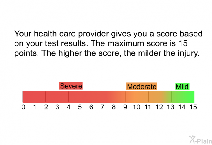 Your health care provider gives you a score based on your test results. The maximum score is 15 points. The higher the score, the milder the injury.