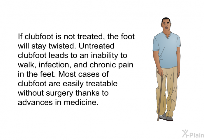 If clubfoot is not treated, the foot will stay twisted. Untreated clubfoot leads to an inability to walk, infection, and chronic pain in the feet. Most cases of clubfoot are easily treatable without surgery thanks to advances in medicine.