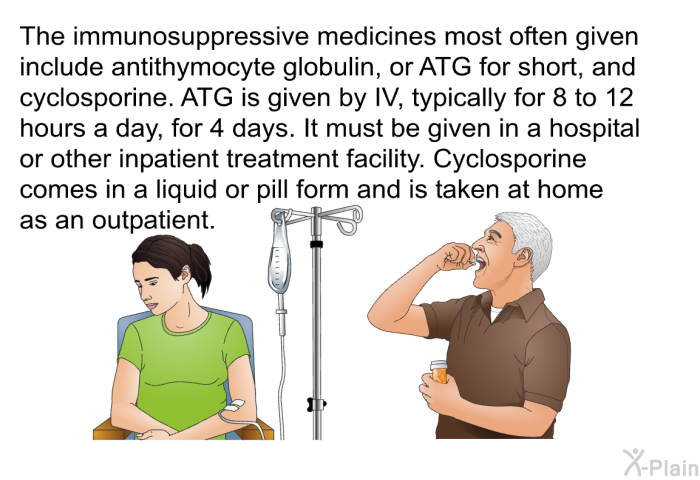 The immunosuppressive medicines most often given include antithymocyte globulin, or ATG for short, and cyclosporine. ATG is given by IV, typically for 8 to 12 hours a day, for 4 days. It must be given in a hospital or other inpatient treatment facility. Cyclosporine comes in a liquid or pill form and is taken at home as an outpatient.
