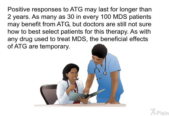 Positive responses to ATG may last for longer than 2 years. As many as 30 in every 100 MDS patients may benefit from ATG, but doctors are still not sure how to best select patients for this therapy. As with any drug used to treat MDS, the beneficial effects of ATG are temporary.