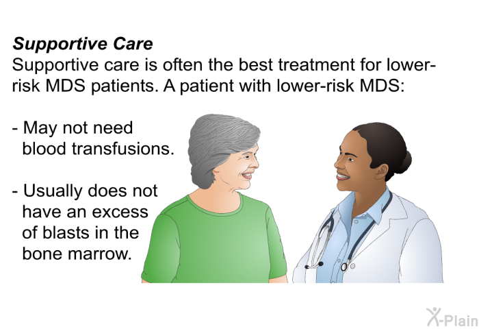 <I><B>Supportive Care: </B></I> Supportive care is often the best treatment for lower-risk MDS patients. A patient with lower-risk MDS:  May not need blood transfusions.   Usually does not have an excess of blasts in the bone marrow.