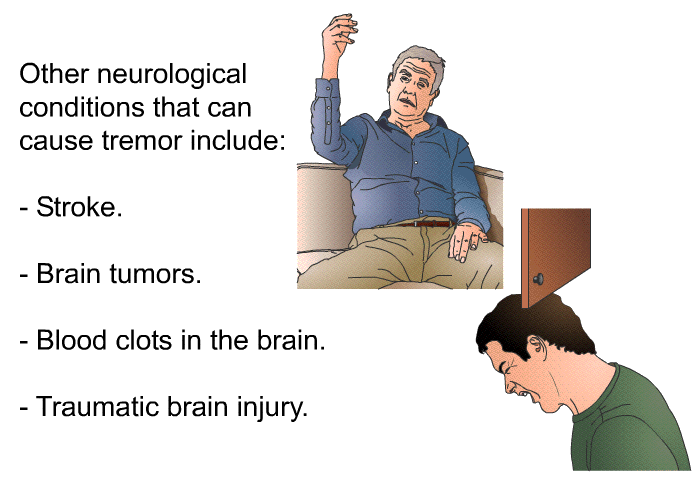 Other neurological conditions that can cause tremor include:  Stroke. Brain tumors. Blood clots in the brain. Traumatic brain injury.