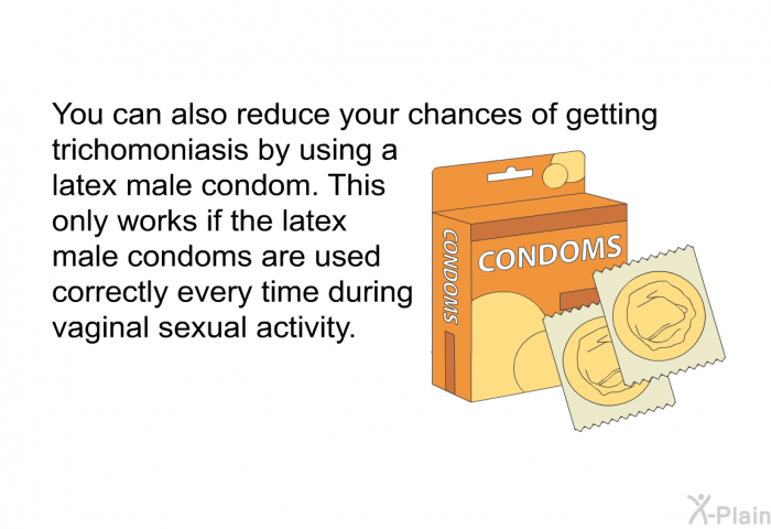 You can also reduce your chances of getting trichomoniasis by using a latex male condom. This only works if the latex male condoms are used correctly every time during vaginal sexual activity.