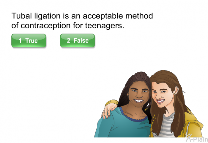 Tubal ligation is an acceptable method of contraception for teenagers. Select True or False.