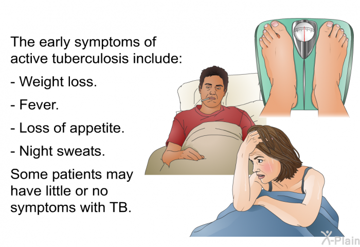 The early symptoms of active tuberculosis include:  Weight loss. Fever. Loss of appetite. Night sweats.  
 Some patients may have little or no symptoms with TB.