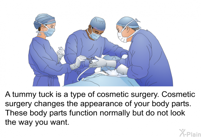 A tummy tuck is a type of cosmetic surgery. Cosmetic surgery changes the appearance of your body parts. These body parts function normally but do not look the way you want.