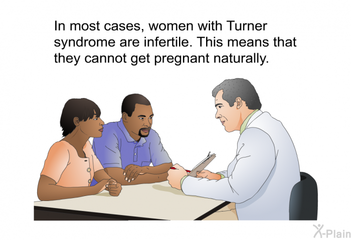 In most cases, women with Turner syndrome are infertile. This means that they cannot get pregnant naturally.