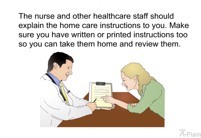 The nurse and other healthcare staff should explain the home care instructions to you. Make sure you have written or printed instructions too so you can take them home and review them.