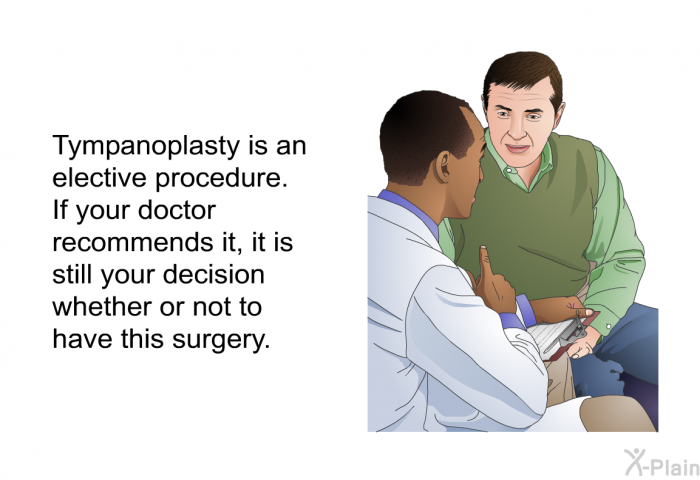 Tympanoplasty is an elective procedure. If your doctor recommends it, it is still your decision whether or not to have this surgery.