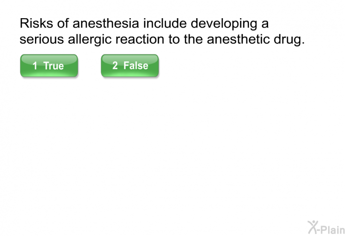 Risks of anesthesia include developing a serious allergic reaction to the anesthetic drug.