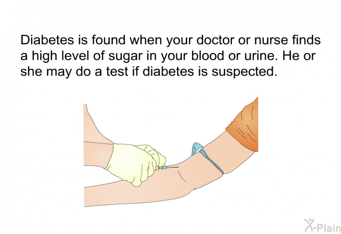 Diabetes is found when your doctor or nurse finds a high level of sugar in your blood or urine. He or she may do a test if diabetes is suspected.