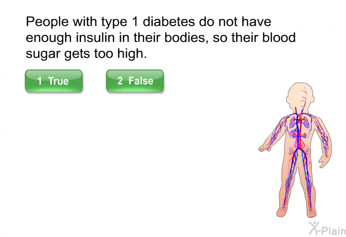 People with type 1 diabetes do not have enough insulin in their bodies, so their blood sugar gets too high. Press True or False.