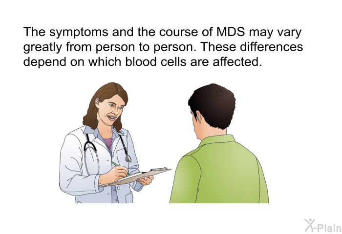 The symptoms and the course of MDS may vary greatly from person to person. These differences depend on which blood cells are affected.