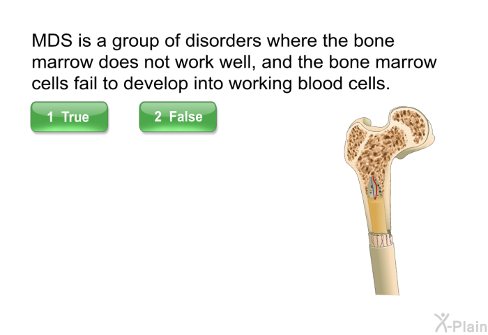 MDS is a group of disorders where the bone marrow does not work well, and the bone marrow cells fail to develop into working blood cells.