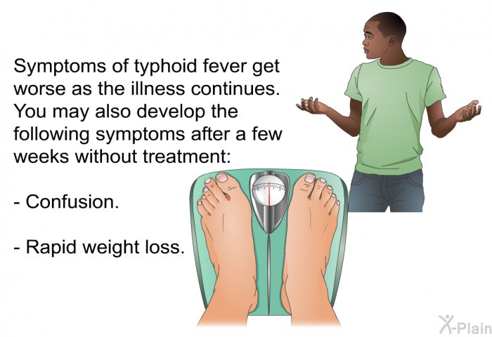 Symptoms of typhoid fever get worse as the illness continues. You may also develop the following symptoms after a few weeks without treatment:  Confusion. Rapid weight loss.