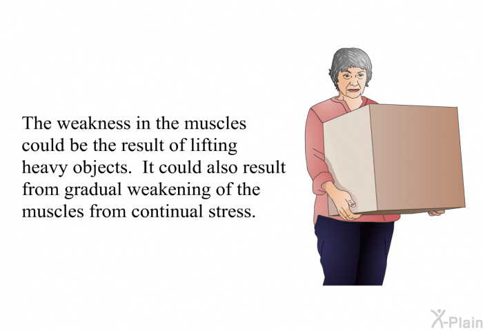 The weakness in the muscles could be the result of lifting heavy objects. It could also result from gradual weakening of the muscles from continual stress.