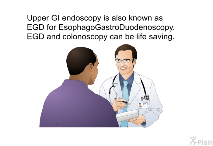 Upper GI endoscopy is also known as EGD for EsophagoGastroDuodenoscopy. EGD and colonoscopy can be life saving.