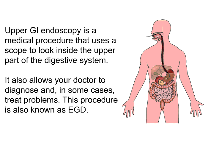Upper GI endoscopy is a medical procedure that uses a scope to look inside the upper part of the digestive system. It also allows your doctor to diagnose and, in some cases, treat problems. This procedure is also known as EGD.