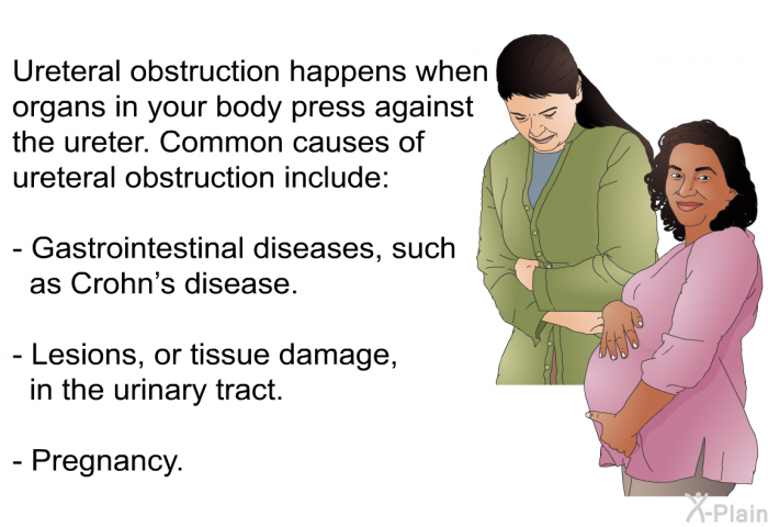 Ureteral obstruction happens when organs in your body press against the ureter. Common causes of ureteral obstruction include:  Gastrointestinal diseases, such as Crohn's disease. Lesions, or tissue damage, in the urinary tract. Pregnancy.