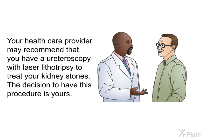 Your health care provider may recommend that you have a ureteroscopy with laser lithotripsy to treat your kidney stones. The decision to have this procedure is yours.