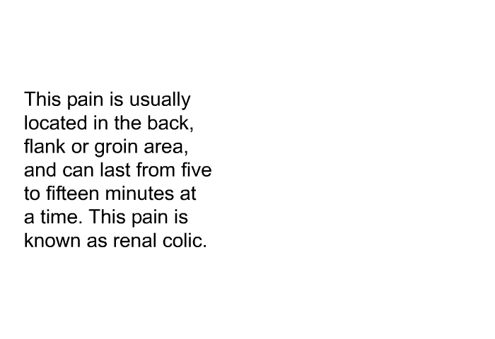 This pain is usually located in the back, flank or groin area, and can last from five to fifteen minutes at a time. This pain is known as renal colic.