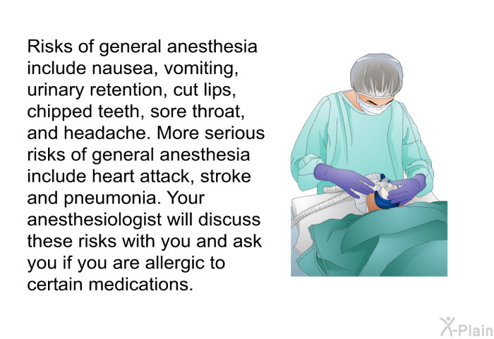Risks of general anesthesia include nausea, vomiting, urinary retention, cut lips, chipped teeth, sore throat and headache. More serious risks of general anesthesia include heart attack, stroke and pneumonia. Your anesthesiologist will discuss these risks with you and ask you if you are allergic to certain medications.