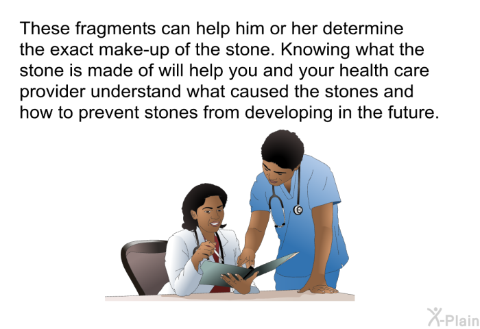 These fragments can help him or her determine the exact make-up of the stone. Knowing what the stone is made of will help you and your health care provider understand what caused the stones and how to prevent stones from developing in the future.