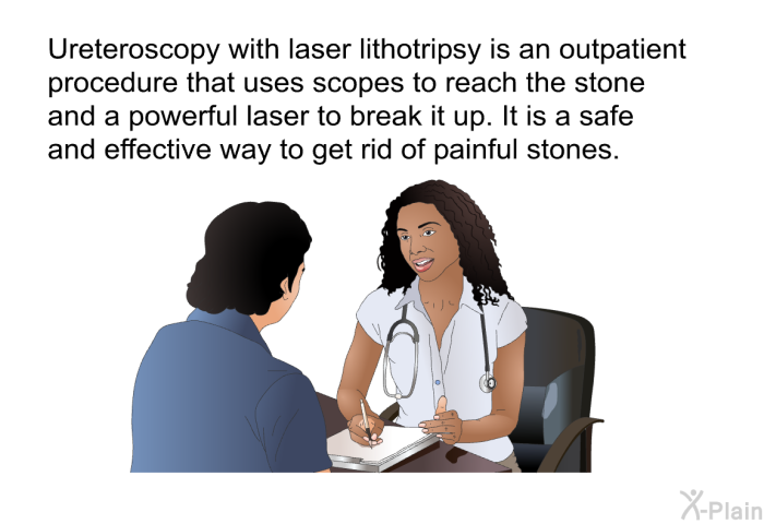 Ureteroscopy with laser lithotripsy is an outpatient procedure that uses scopes to reach the stone and a powerful laser to break it up. It is a safe and effective way to get rid of painful stones.