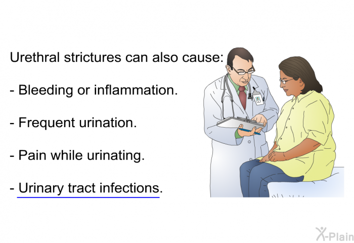 Urethral strictures can also cause:  Bleeding or inflammation. Frequent urination. Pain while urinating. Urinary tract infections.