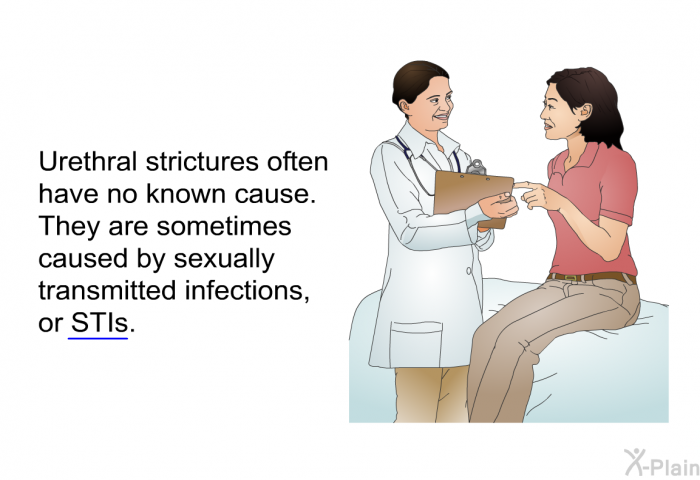Urethral strictures often have no known cause. They are sometimes caused by sexually transmitted infections, or STIs.